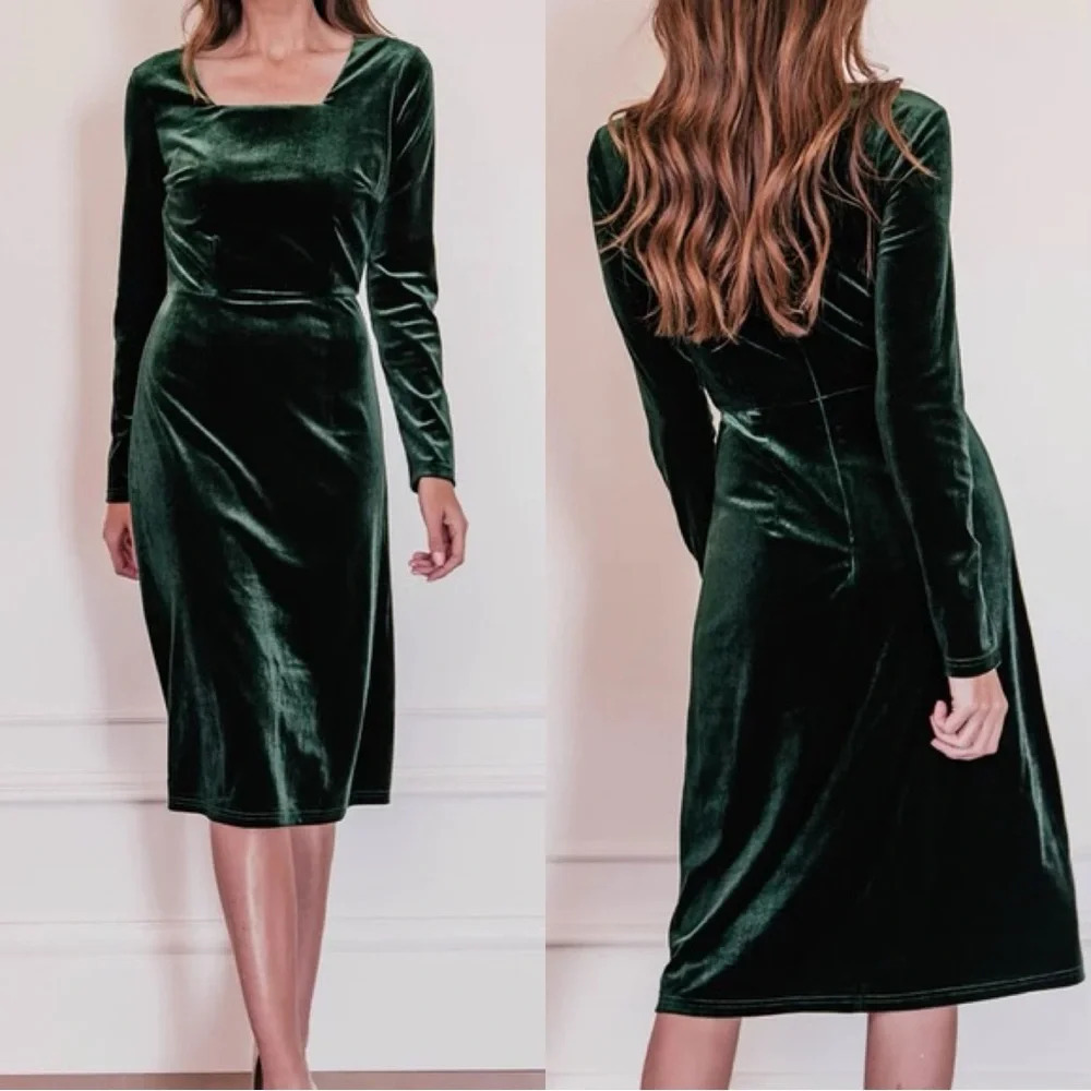 JessaKae Emerald Green Velvet Midi Dress